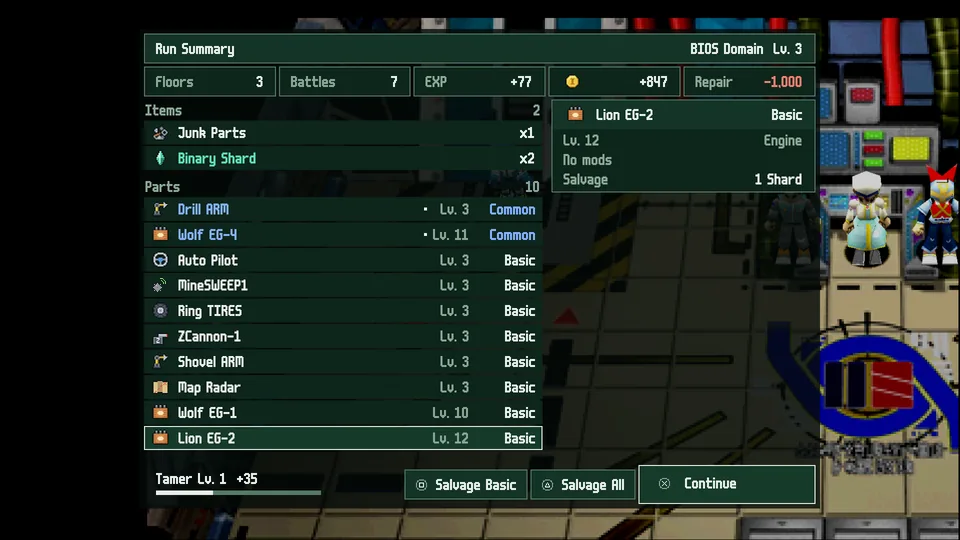 The run summary with the items and parts found
